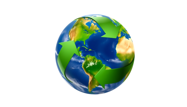 Earth globe surrounded by green arrows forming a cycle, isolated PNG on white.