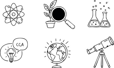 Science icons set with atom plant magnifier lightbulb globe telescope vector illustration 