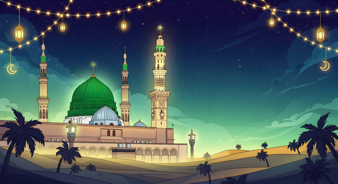 Elegant Milad Un Nabi Mubarak Islamic greeting background with mosque silhouette Mawlid Al Nabi lanterns shining