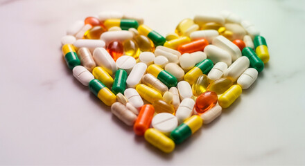 Heart of Health: Colorful Pills and Capsules Forming a Heart Shape, Symbolizing Medical Care and Wellness.