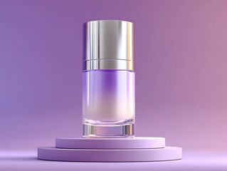 Beauty serum packaging mockup on floating platform with gradient purple glow