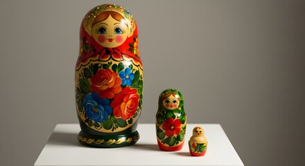 A vibrant family of traditional wooden Matryoshka nesting dolls with intricate floral designs.