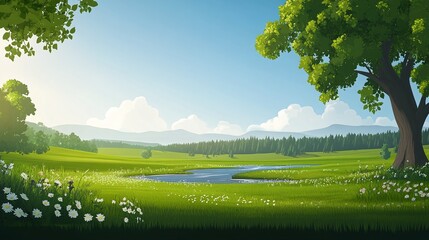 Fototapeta premium A tranquil meadow scene with a gentle stream.