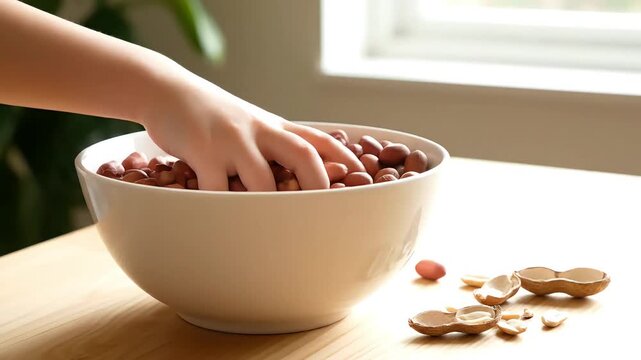 national peanut day child hand picking peanuts from bowl healthy snack