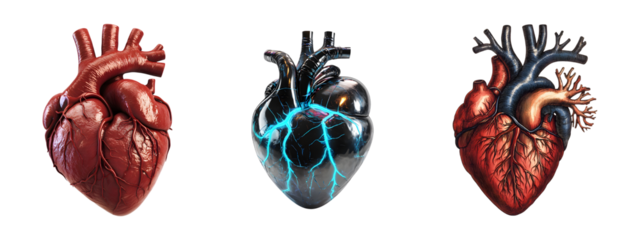 Realistic and futuristic cybernetic human hearts set isolated on transparent background, cut out