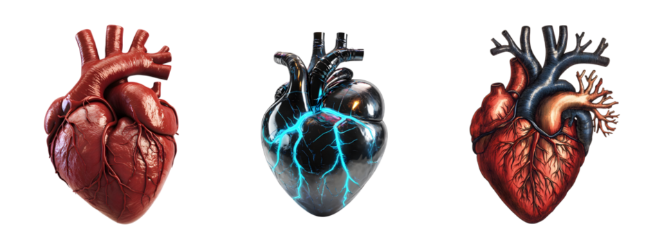Realistic and futuristic cybernetic human hearts set isolated on transparent background, cut out