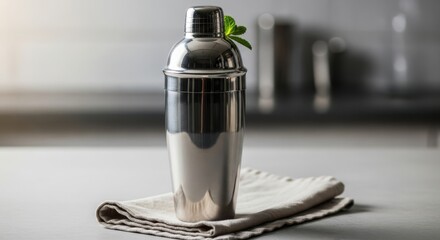Stainless steel cocktail shaker with mint garnish on cloth in kitchen setting
