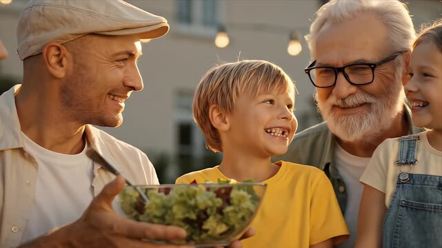 Joyful multi-generational family portrait sharing a healthy salad outdoors at golden hour Grandfather father and happy children celebrating summer evening