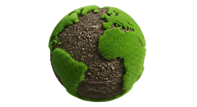 Earth globe made of grass texture, sharp PNG on white background.