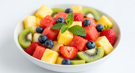 A colorful fruit salad with watermelon, pineapple, blueberries, strawberries, kiwi, and mint leaves in a white bowl on a white table