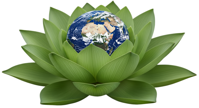 PNG of Earth sitting inside a green lotus flower, sharp, white background.