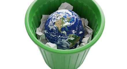 PNG of Earth inside a green recycling bin, sharp details, white background.