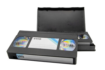 Close-up of video cassettes in their cases, isolated on white background