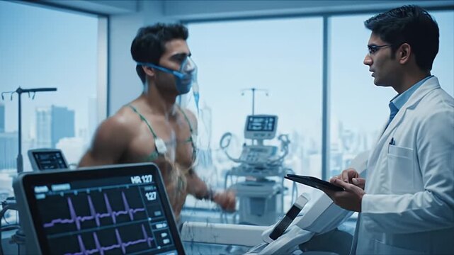 Male Patient Undergoing Cardiac Stress Test on Treadmill with Oxygen Mask  Electrodes Monitored by Doctor in a High-Tech Medical Clinic for Health  Performance 