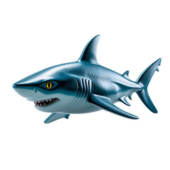 Fototapeta premium Fierce great white shark with sharp teeth and yellow eyes against a black background
