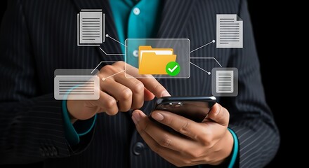 Person using smartphone with digital file management interface