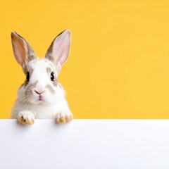 Obraz premium a cute bunny with curious expression on an orange background, looking at the viewer. It has distinctive markings and ears, and a white body. 