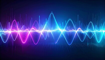Abstract glowing wave lines forming a soundwave pattern, neon blue and purple