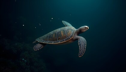 Obraz premium A majestic leatherback sea turtle glides effortlessly through the inky black waters of the deep ocean at night, bioluminescent plankton swirling around it, symbolizing grace and longevity in the marin