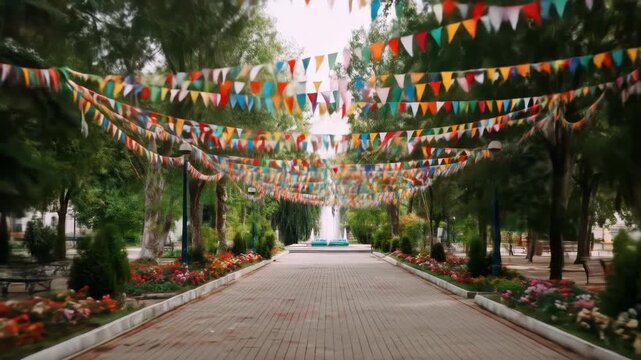 A vibrant pathway leads to a fountain, adorned with colorful pennant banners strung overhead. Lush greenery and flowers flank the brick path