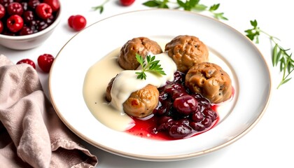 A close-up shot of Swedish meatballs served with a creamy sauce, garnished with herbs and a side of cranberries