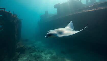 An elegant manta ray glides through the water near a shipwreck, the decaying vessel providing a haunting backdrop, sunlight filtering through the rusted metal, creating a surreal and captivating image