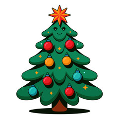 Decorated Christmas tree with star and colorful ornaments, simple festive vector illustration, greeting card poster sticker tshirt printable background element