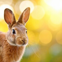 A close-up portrait of an adorable bunny with big eyes, set against a blurred, sun-drenched backdrop