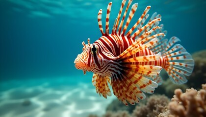 A solitary lionfish with fiery orange and black stripes fans its venomous fins defensively, photographed in the clear, shallow waters of a tropical lagoon on a sunny afternoon.