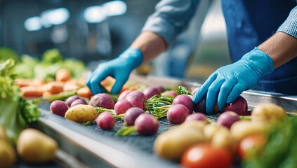 Worker inspecting fresh vegetables, including tomatoes and lettuce