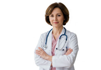 A friendly female doctor with a stethoscope around her neck, arms crossed, isolated on a transparent background