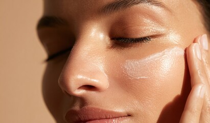 Close up depicting female hand applying eye cream