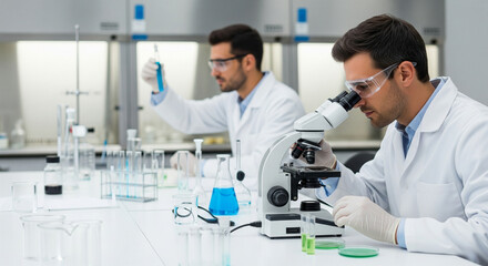 Focused Male Scientists Collaborating on Advanced Laboratory Research and Scientific Experiments