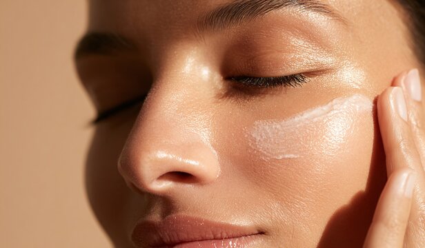 Close up depicting female hand applying eye cream