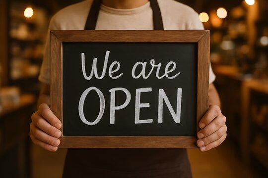 A person holding a chalkboard sign stating 'We are OPEN' inside a warm, inviting space. - Powered by Adobe