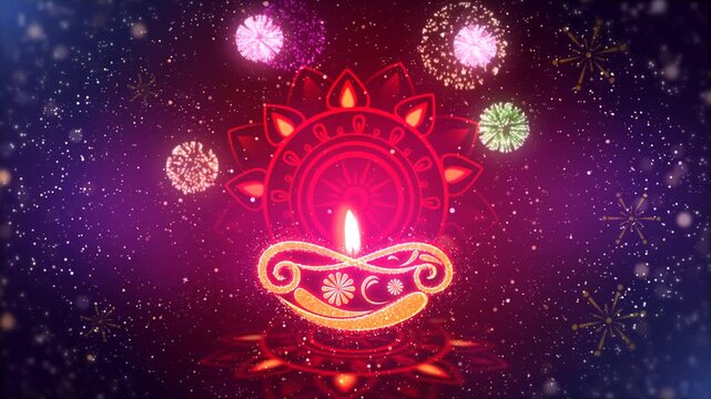 Seamlessly Looped Diwali Diya Lamp with rangoli rotation animation, fireworks and glittering particles in the background for Diwali
