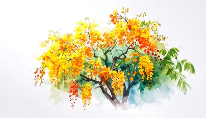 Watercolor Golden Shower Tree with Cascading Yellow Flowers and Green Foliage