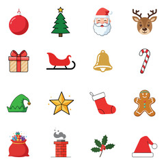 A collection of Christmas icons, including Santa, reindeer, tree, gifts, and more.