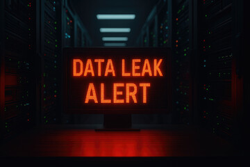 Digital display shows DATA LEAK ALERT in server room, creating sense of urgency and concern