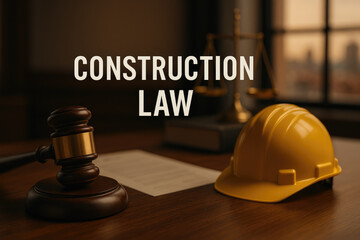 Construction law concept with gavel, hard hat, and legal documents, symbolizing legal aspects