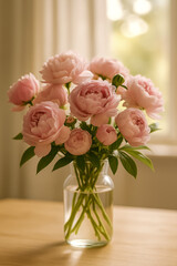 Fototapeta premium Elegant bouquet of pink peonies in a glass vase