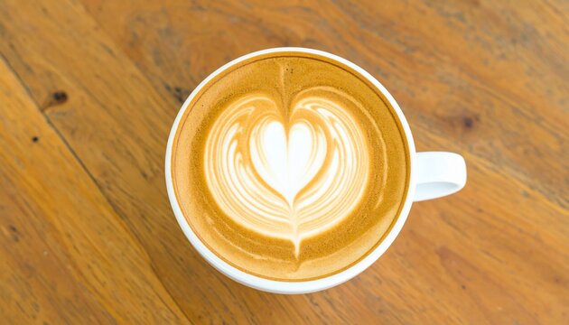 Stylized artistic coffee latte art photographed close-up, shaped like a heart within intricate patterns