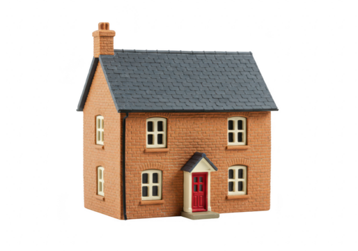 A small, traditional brick house with a dark roof and red door, isolated on transparent background