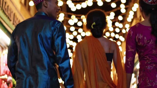 Family walking past twinkle lights during Diwali celebration