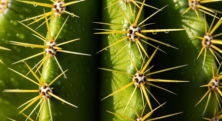 Extreme close-up of a green cactus with sharp spines and textured surface