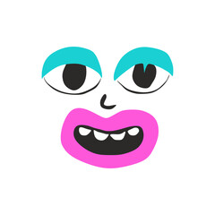 Playful Cartoon Face with Big Eyes and Pink Lips – Hand-Painted Flat Doodle Vector SVG on Transparent Background for Kids’ Art Projects, Stickers, and Emotional Education Cards in Bright Blue, Pink