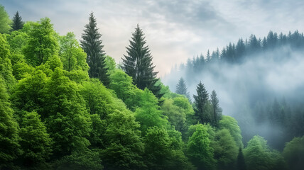 Fototapeta premium Lush green forest landscape with misty atmosphere and trees