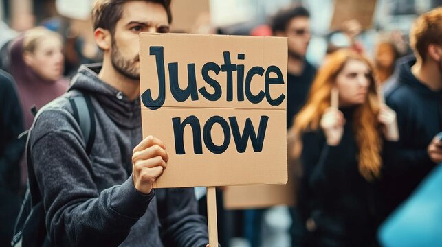 Individuals come together, proudly holding a sign that boldly demands justice as they engage in a passionate protest