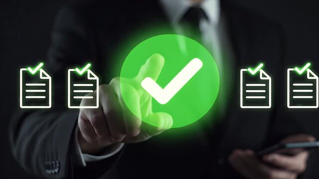 Professional Hand Taps Glowing Green Checkmark on Digital Interface Confirming Task Completion Document Approval or Successful Verification and Validation