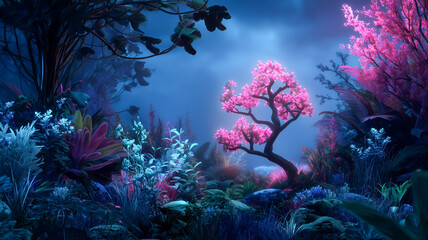 Enchanted forest with vibrant pink and blue foliage illuminated softly